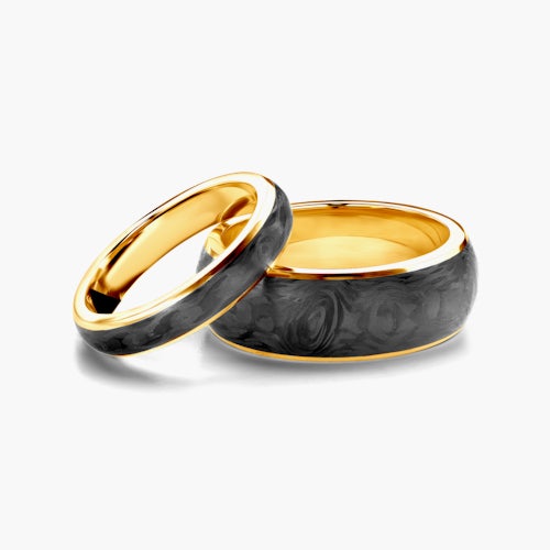 Obrączki ślubne: carbon, złote, półokrągłe, 4 mm i 8 mm